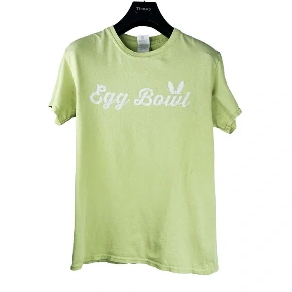 GILDAN NEW YORK LIFE Women’s Lime Green Egg Bowl T-shirt w Rabbit Ears Size S - Picture 1 of 5